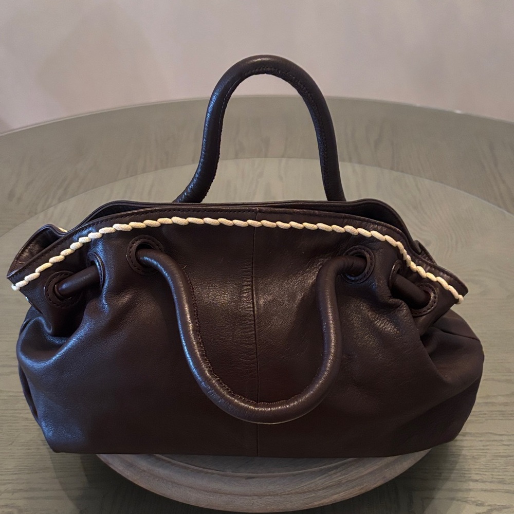 Furla/Certificate of Authenticity- Dark Brown Leather Satchel Cream Braided Trim - Picture 3 of 12